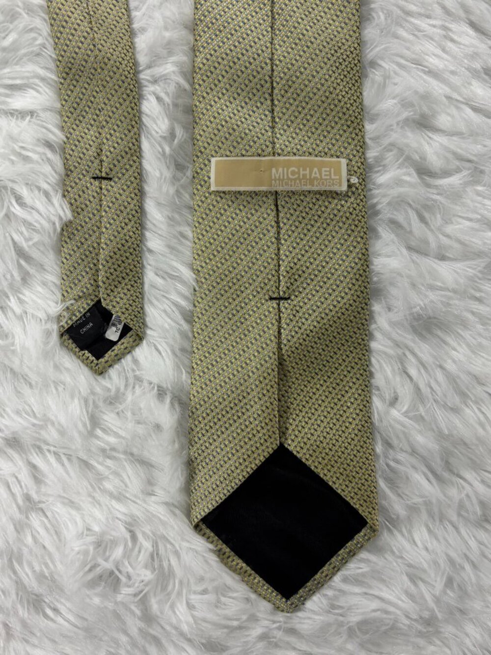 Michael Kors Silk Gold Slate Blue Micro Check Basketweave Geometric Tie 3.5
